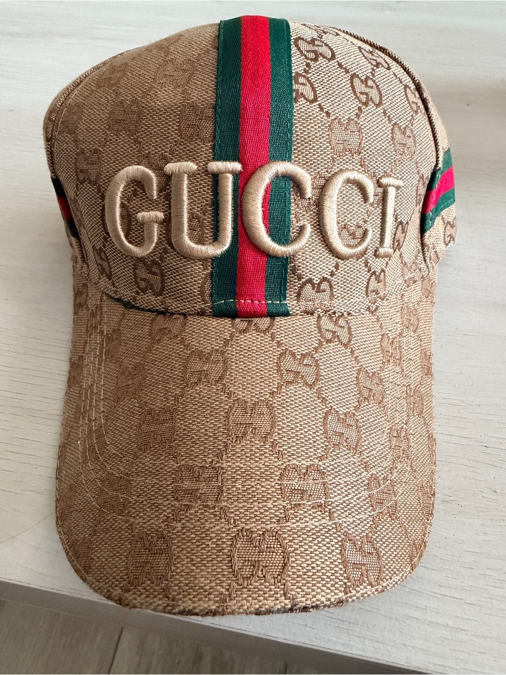 Beige GG Monogram Baseball Cap with Signature Web Stripe